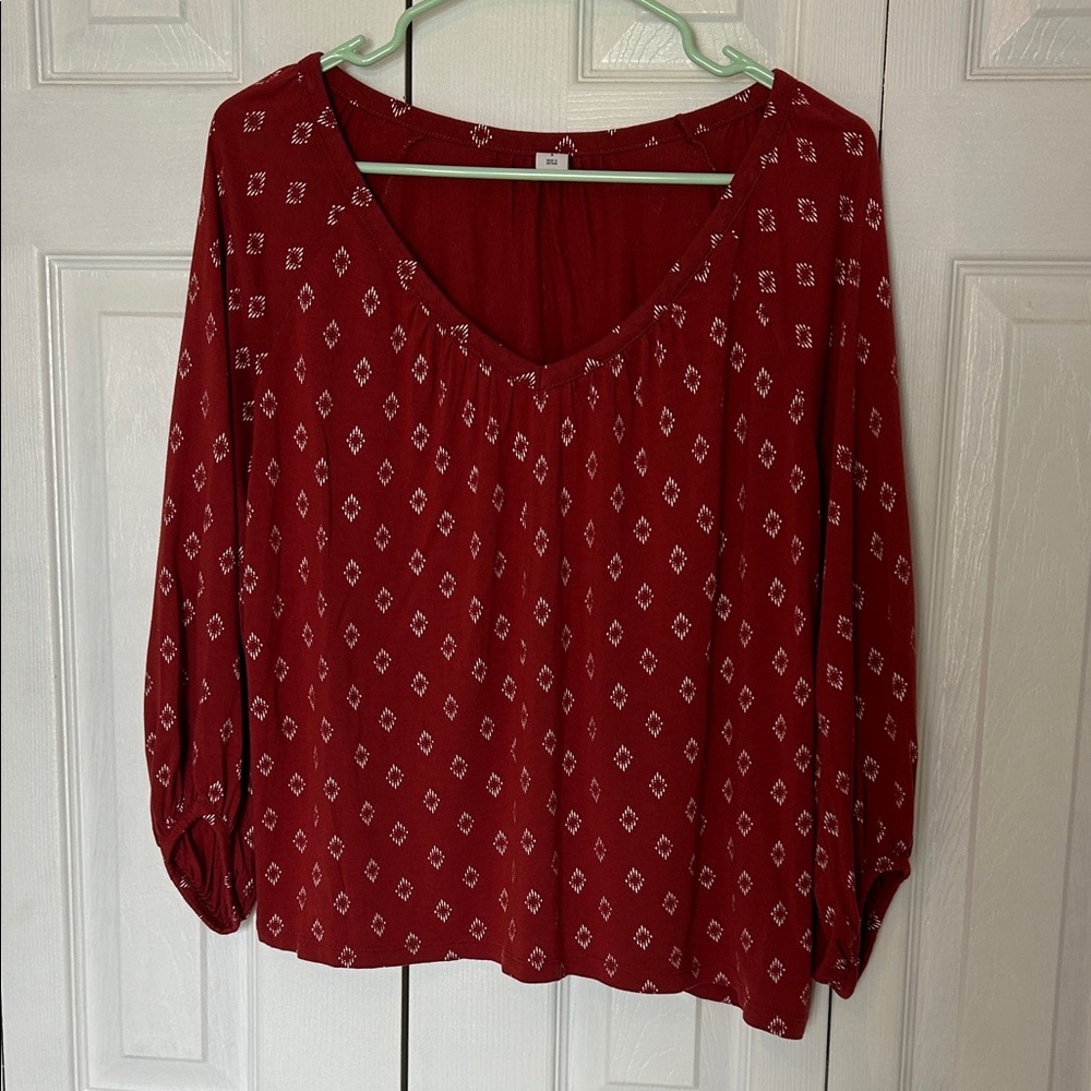 Women's Burnt Orange Printed Long Sleeve Scoop Neck Top